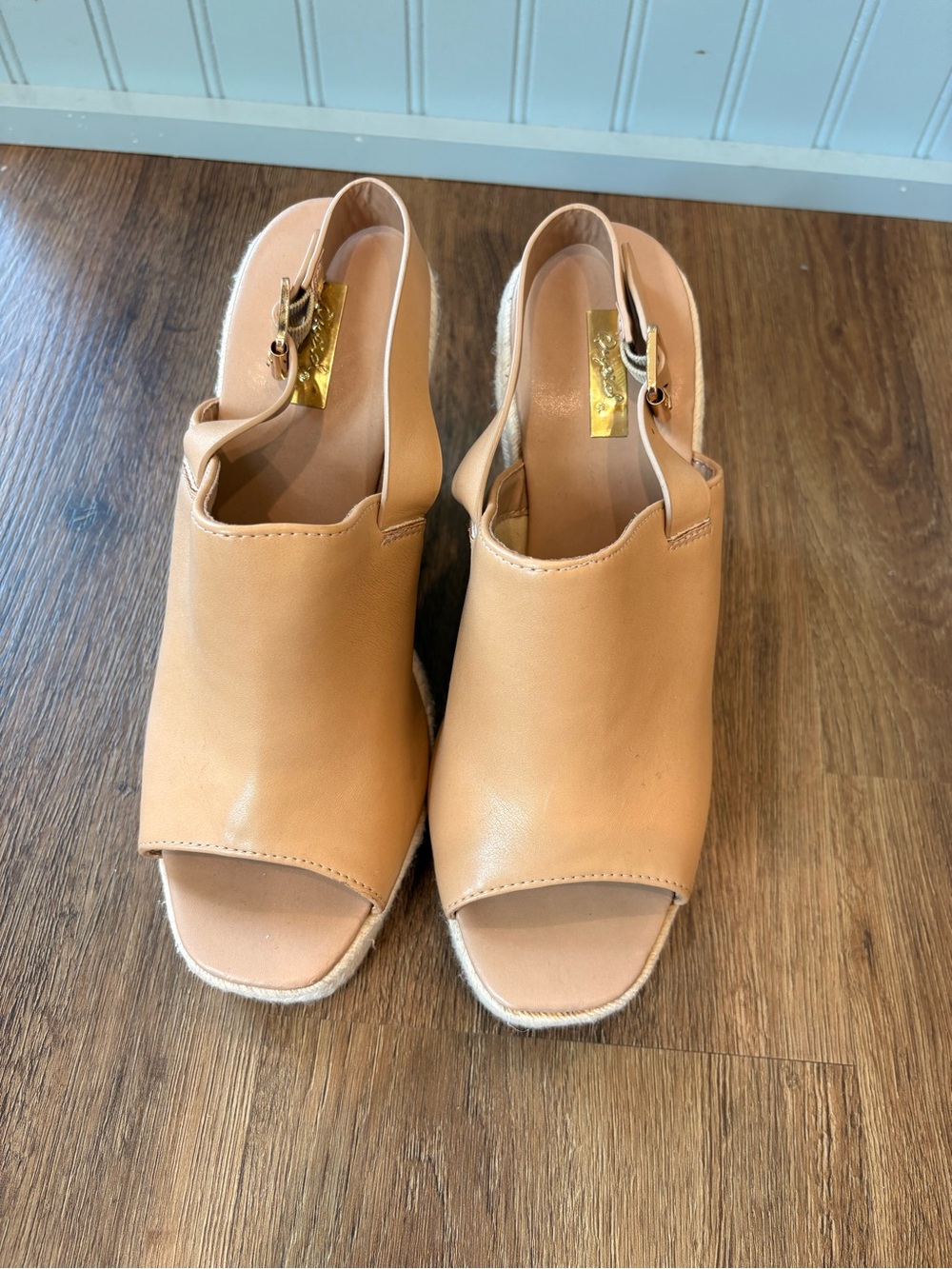 Qupid Tan Peep-Toe Slingback Wedge Sandals